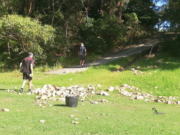 Monday course volunteers clearing the rocks off the fairway.